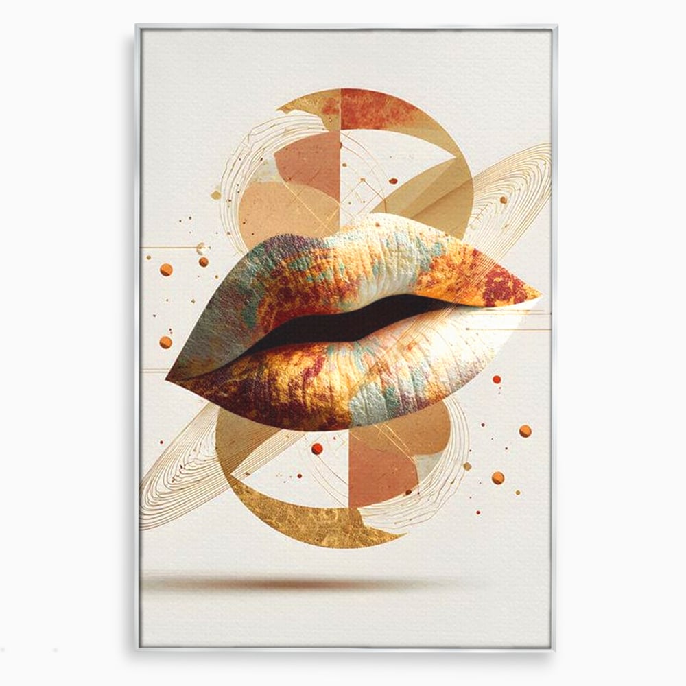 Tablou canvas cu tablou canvas cu buze aurii si forme geometrice, in rama de aluminiu argintiu